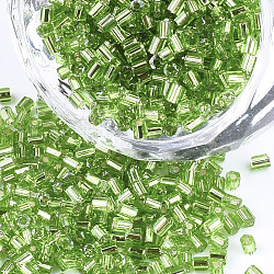 Grade A Glass Seed Beads, Hexagon(Two Cut), Silver Lined, Lime Green, 1.5~2.5x1.5~2mm, Hole: 0.8mm, about 2100pcs/bag, 450g/bag(SEED-S022-04A-17)
