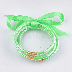 PVC Plastic Buddhist Bangle Sets, Jelly Bangles, with Glitter Powder and Polyester Ribbon, Lime, 2-1/2 inch(6.3cm), 5pcs/set(BJEW-T008-09D)
