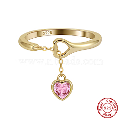 925 Sterling Silver Finger Rings for Women, with Hot Pink Cubic Zirconia Heart Charms, Real 14K Gold Plated, US Size 6(16.5mm)(STER-P065-20G)