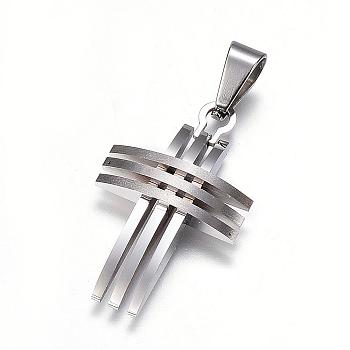 304 Stainless Steel Pendants, Frosted & Smooth Surface, Cross, Stainless Steel Color, 28x20x5mm, Hole: 7x5mm
