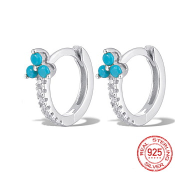 Rhodium Plated Platinum 925 Sterling Silver Micro Pave Cubic Zirconia Hoop Earrings, Clover, Deep Sky Blue, 12x10x1mm