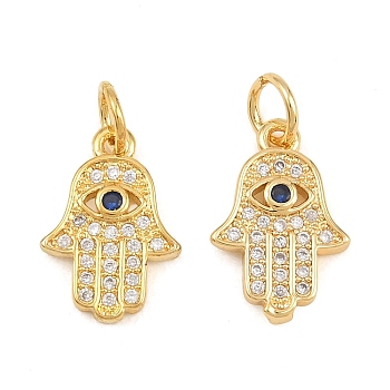 Brass Micro Pave Cubic Zirconia Charms, Hamsa Hand Charms, Rack Plating, Long-Lasting Plated, Cadmium Free & Lead Free, Real 18K Gold Plated, Marine Blue, 14x9.5x2mm, Hole: 3.5mm
