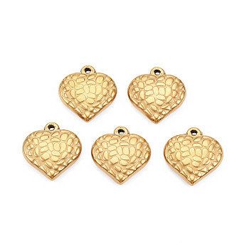 Ion Plating(IP) 304 Stainless Steel Pendants, Textured, Heart, Real 18K Gold Plated, 16.5x15.5x4mm, Hole: 1.2mm