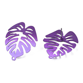Spray Painted Iron Stud Earring Findings, with Horizontal Loops, Monstera Leaf, Purple, 28.5x24mm, Hole: 1.4mm, Pin: 0.7mm