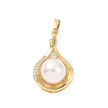 Eco-friendly Rack Plating Brass Micro Pave Cubic Zirconia Pendants, with ABS Platic Imitation Pearls, Cadmium Free & Lead Free, Long-Lasting Plated, Teardrop Charm, Real 18K Gold Plated, 25.5x16x10.5mm, Hole: 3.5x6mm