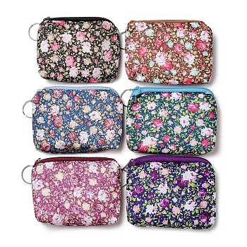 Rose Flower Pattern Cotton Cloth Wallets, Change Purse, with Zipper & Iron Key Ring, Mixed Color, 8.95~9.1x11.3~11.4x1.2~1.25cm
