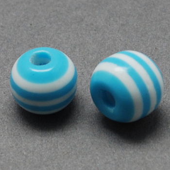 Round Striped Resin Beads, Deep Sky Blue, 12x11mm, Hole: 3mm