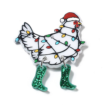 Printed Acrylic Pendants, for Christmas, Rooster Charm, Dark Green, 46~46.5x37.5x2~7mm, Hole: 1.8mm
