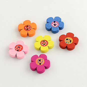 2-Hole Dyed Wooden Buttons, Flower, Mixed Color, 19x19x4mm, Hole: 2mm