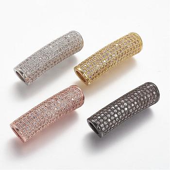 Brass Micro Pave Cubic Zirconia Tube Beads, Tube, Large Hole Beads, Hollow, Clear, Mixed Color, 30x8.5x8mm, Hole: 5mm