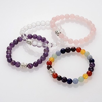 Buddhist Gemstone Beaded Stretch Bracelets, with Alloy Tibetan Style Buddha Beads, Natural & Synthetic Mixed Stone, 59mm