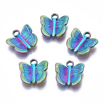 304 Stainless Steel Charms, Cadmium Free & Nickel Free & Lead Free, 3D Butterfly, Rainbow Color, 12x12.5x3mm, Hole: 2mm