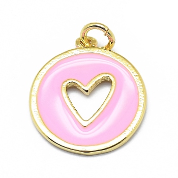 Brass Enamel Pendants, Round with Cut Out Heart, Real 18K Gold Plated, Long-Lasting Plated, Pink, 18x15.5x1mm, Hole: 3mm, Jump rings: 5x0.7mm