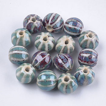 Handmade Porcelain Beads, Fancy Antique Glazed Porcelain, Round, Cadet Blue, 11~12x10~11x10~10.5mm, Hole: 2~2.5mm