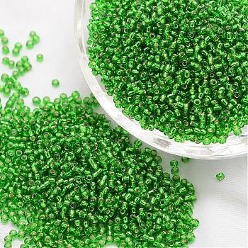 6/0 Transparent Glass Round Seed Beads, Grade A, Silver Lined, Green, 3.6~4.0mm, Hole: 1.2mm, about 5000pcs/pound