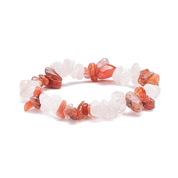 Natural Carnelian(Dyed) & Rose Quartz Chips Beads Stretch Bracelet for Women, Inner Diameter: 1-7/8~2 inch(4.8~5cm)