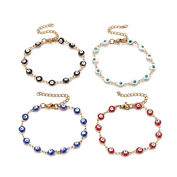 Enamel Oval with Evil Eye Link Chains Bracelet, PVD Vacuum Plating 304 Stainless Steel Jewelry for Women, Golden, Mixed Color, 6-1/2 inch(16.5cm)