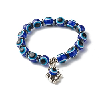 Evil Eye Resin Beads Stretch Bracelet for Girl Women, Synthetic Hematite Beads Bracelet with Hamsa Hand /Hand of Miriam Charm, Blue, Inner Diameter: 2-1/8 inch(5.5cm)