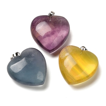 Natural Fluorite Pendants, with Brass Finding, Heart, Platinum, 27x25x12mm, Hole: 3.5x6mm