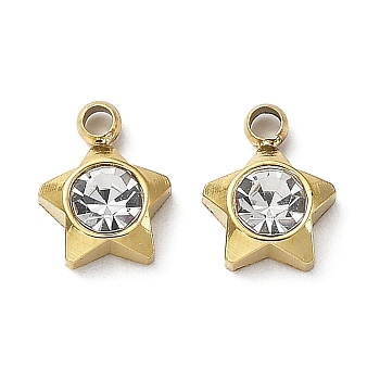 Ion Plating(IP) 304 Stainless Steel Pendants, with Glass, Star Charm, Real 18K Gold Plated, 16.5x6x2.5mm, Hole: 1.2mm