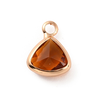Faceted Glass Pendants, July Birthstone Charms, with Brass Cabochon Settings, Triangle, Light Gold, Sienna, 10.5x8x4mm, Hole: 1.6mm