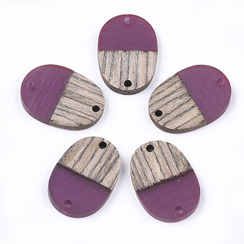 Resin & Wenge Wood Links connectors, Oval, Medium Violet Red, 25x18x3~4mm, Hole: 2mm