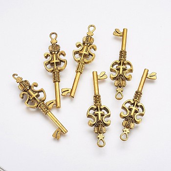 Alloy Pendants, Cadmium Free & Lead Free, Skeleton Key Pendants, Antique Golden, 50x14x6mm, Hole: 3mm