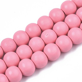 Painted Natural Wood Beads Strands, Round, Hot Pink, 10x8~9mm, Hole: 2~3mm, about 41~42pcs/strand, 13.98 inch~14.61 inch(35.5~37.1cm)
