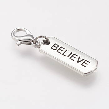 Tibetan Style Alloy Rectangle Pendants, Inspirational Message Pendants, with Word Believe, Antique Silver, 8x21x2mm, Hole: 2mm