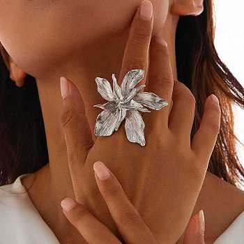 Flower Alloy Adjustable Rings for Women, Platinum, US Size 8 1/2(18.5mm)