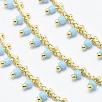 Handmade Glass Beaded Chains, Soldered, with Spool, Brass Chain, Golden, Long-Lasting Plated, Light Sky Blue, 6x2mm, Chain: about 2mm wide, about 32.8 Feet(10m)/roll