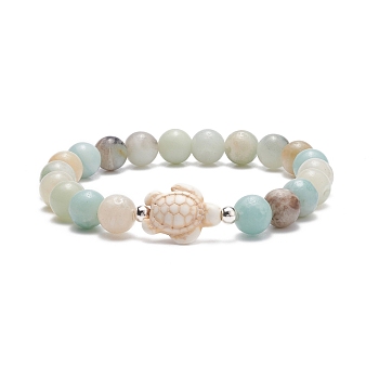 Natural Flower Amazonite & Synthetic Turquoise(Dyed) Tortoise Beaded Stretch Bracelet, Gemstone Beach Jewelry for Women, Inner Diameter: 2-1/8 inch(5.4cm)