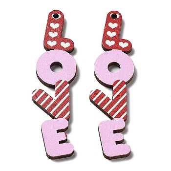 Single Face Printed Wood Big Pendants, Valentine's Day Love Charms, Word, 59x15x2.5mm, Hole: 1.8mm