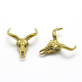 Brass Beads, Cadmium Free & Nickel Free & Lead Free, with Cubic Zirconia, Cattle Skull, Raw(Unplated), 20x18x7mm, Hole: 2mm