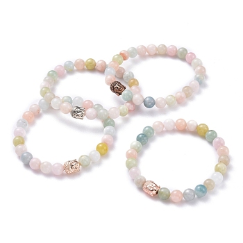 Natural Morganite Round Beads Stretch Bracelet for Teen Girl Women, Buddha Head Alloy Beads Bracelet, Mixed Color, Inner Diameter: 2-3/8 inch(5.9cm)