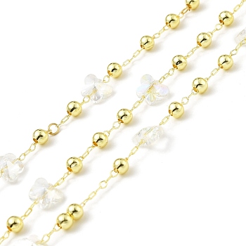 Handmade Brass Cable Chains, with Clear Glass Butterfly Beaded, Long-Lasting Plated, Soldered, with Spool, Golden, 6x7.5x4.5mm