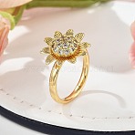 Rotatable Finger Rings for Women, Brass Micro Pave Clear Cubic Zirconia Fidget Spinner Rings, Sunflower, Inner Diameter: 19mm, flower: 16.5x17mm(RJEW-B115-01G-02)