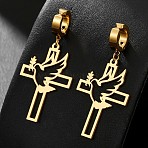 201 Stainless Steel Clip-on Earrings, Hollow Cross with Bird Pattern, Golden, 55x25mm(FS-WGD509B-12)