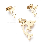 304 Stainless Steel Jewelry Sets, Hollow Pendants and Stud Earrings, with Ear Nuts, Dolphin, Golden, 22x15.5x1mm, Hole: 5x3mm; 11x7mm, 
Pin: 0.7mm(SJEW-K154-21G)