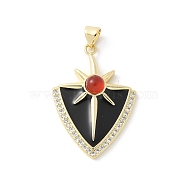 Cat Eye Pendants, Triangle with Sun, with Brass & Enamel  & Clear Cubic Zirconia, Rack Plating, Long-Lasting Plated, Cadmium Free & Lead Free, Real 18K Gold Plated, Chocolate, 33x22.5x5mm, Hole: 4x3.5mm(KK-P294-41G-01)