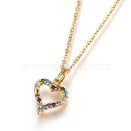 304 Stainless Steel Pendant Necklaces, with Cubic Zirconia, Heart, Colorful, Golden, 17.8 inch(45.5cm), Pendant: 12x10x2mm(NJEW-O108-05G)