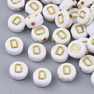 Plating Acrylic Beads, Golden Metal Enlaced, Horizontal Hole, Flat Round with Alphabet, White, Letter.D, 7x3.5mm, Hole: 1.2mm, about 360pcs/50g(X-PACR-R242-01D)