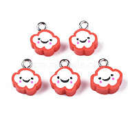 Handmade Polymer Clay Charms, with Platinum Plated Iron Loop, Cloud with Smile, Red, 11~14x9~11.5x4mm, Hole: 1.8mm(CLAY-N006-37B-01F)
