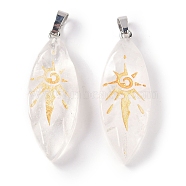 Natural Quartz Crystal Gold Sun Pattern Pendants, Rock Crystal Horse Eye Charms, with Rack Plating Platinum Plated Brass Snap on Bails, Lead Free & Cadmium Free, 42.5~43.5x15.5x7.5~8.5mm, Hole: 8x5mm(G-L524-14P-07)