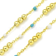 Brass Enamel Round Beaded Link Chain, Soldered, with Spool, Long-Lasting Plated, Cadmium Free & Lead Free, Real 18K Gold Plated, Dark Turquoise, 12x3.5mm(CHC-G022-07G-18)