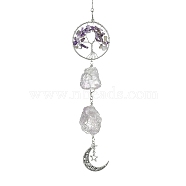 Tree of Life Natural Amethyst Pendant Decorations, with Tibetan Style Alloy Pendants and 304 Stainless Steel Cable Chains, 310mm, Pendants: 210x51x26mm(HJEW-JM01855-02)