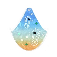 Marine Organism Series Fan Shape Acrylic Pendants, Sea Horse, 37.5x30x2mm, Hole: 1.8mm(OACR-Q101-03E)