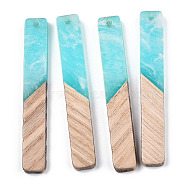 Transparent Resin & white Wood Big Pendants, Two Tone, Rectangle Charms, Cyan, 51.5x7.5x3mm, Hole: 1.8mm(RESI-TAC0017-32)