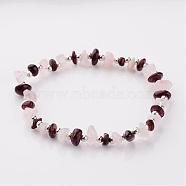 Gemstone Stretch Bracelets, with Iron Findings, Silver Color Plated Natural Garnet and Rose Quartz Beads, Dark Red and Pink, 55mm(BJEW-JB02414-02)