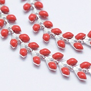 Brass Handmade Chains, Unwelded, with Enameled Cobs, Long-Lasting Plated, Leaf, Platinum, Red, 6.5x6x0.5mm(CHC-P004-C04P)